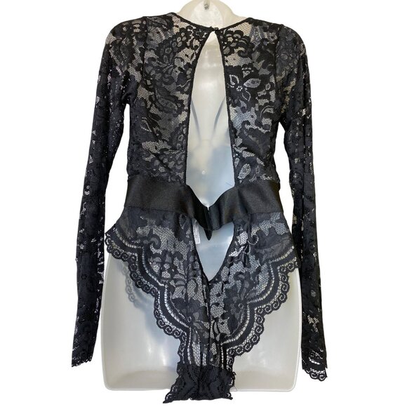 Black Lace XL Long Sleeve Stretch Bodysuit Gold Accents Goth Sexy Vamp Victorian - Picture 2 of 5